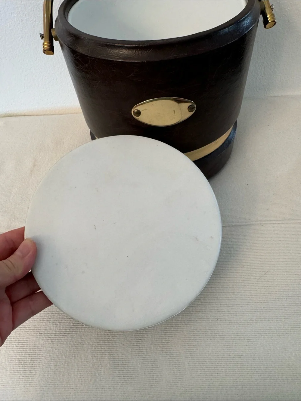 Vintage 1960s 70s Brown Faux Leather Ice Bucket Brass Tone Mid Century
